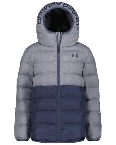 Image of Under Armour Boys Water-Resistant Pronto Colourblock Puffer Jacket with UA Storm Technology – Lightweight Hooded Winter Coat with Snap Pockets, 12 Years to 13 Years, Downpour Gray