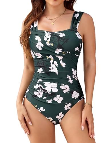 Image of Nadeer One Piece Swimming Costume Women Tummy Control Modest Swimsuits Retro Ruched Padded Swimwear Vintage Bathing Suit