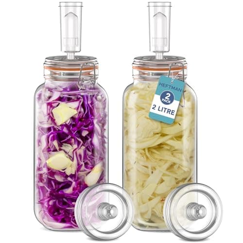 Image of HEFTMAN Fermenting Jar 2 Pack with Airlock - 2L for Safe Fermentation for Kefir, Kimchi, Sauerkraut, Sourdough Starter - Silicone Lids & Fermentation Weights - Fermentation Jars 2 Pack (Full Set)