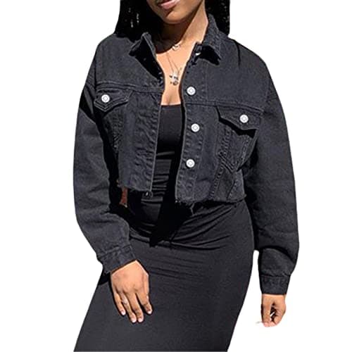 Image of Xeadoffubio Women's Denim Short Jacket, Solid Color Long Sleeve Jacket Lapel Jacket, Button Hem, Distressed Hem Cropped Jeans Jacket (Black, Small)