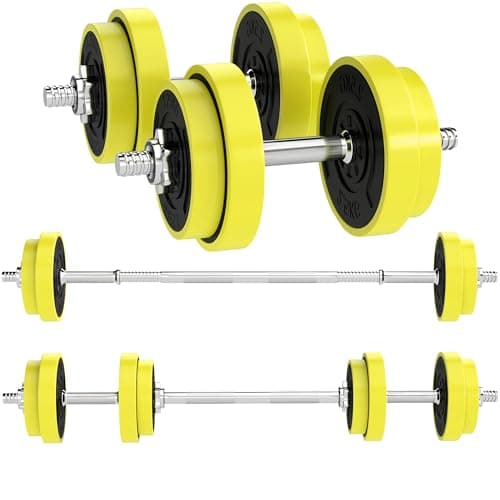 Image of HOMCOM 20KGS 2-In-1 Dumbbell & Barbell Adjustable Set Strength Muscle Exercise Fitness Plate Bar Clamp Rod Home Gym Sports Area, Yellow
