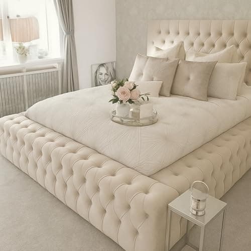 Image of Attock Beds Chesterfield Plush Velvet Upholstered Regal Ambassador Bed Frame and Headboard - Hand Made in the UK - Double/Kingsize/Superking (Cream Plush, Double 4ft6 Bed Frame)