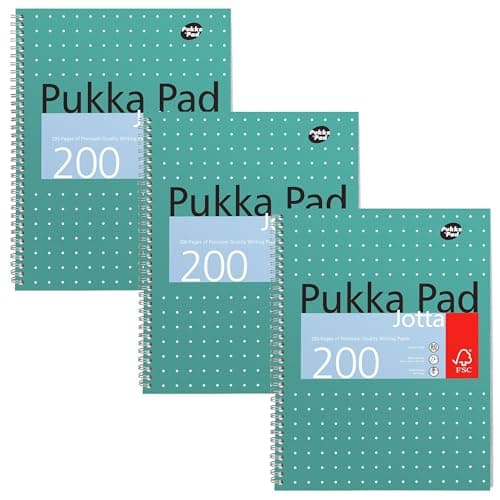 Image of Pukka Pad, A4 Metallic Jotta Book 3 Pack – 21 x 30cm – Wirebound Notebook with 8mm Lines and 80GSM Paper – Features 4-Hole Punch Margins and Perforated Edges - 200 Pages, Green