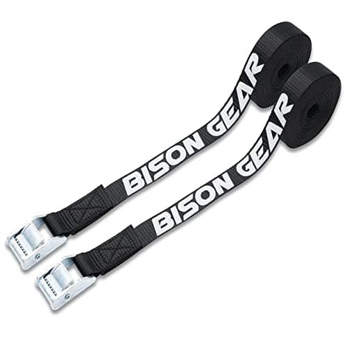 Image of Bison Gear Premium Cam Buckle Tie Down Straps 4m x 25mm, 500kg Break Strength, 2 Pack, UV Resistant Roof Rack Lashing, Black