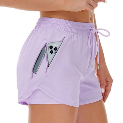 Image of Cheerful Mario 2 in 1 Women's Running Shorts Summer Ladies Activewear with Adjustable Drawstring Waist 2 Side Zipper Pocket Quick Dry Purple S
