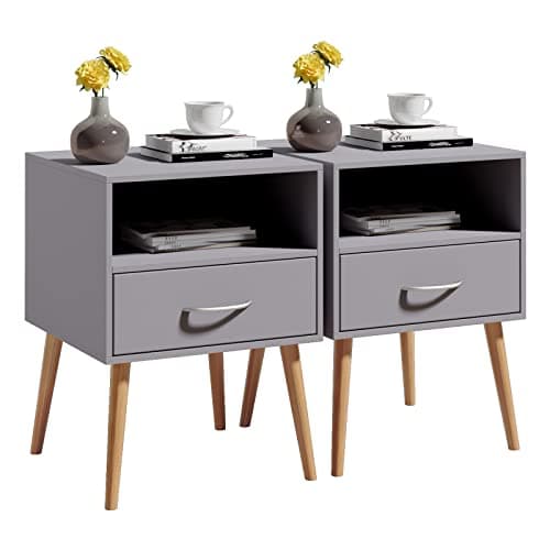 Image of Joolihome Wood Bedside Table Set of 2 Cabinet Storage Nightstands 1 Drawer with Metal Handle, 42 x 42 x 56 cm (Grey, 2)