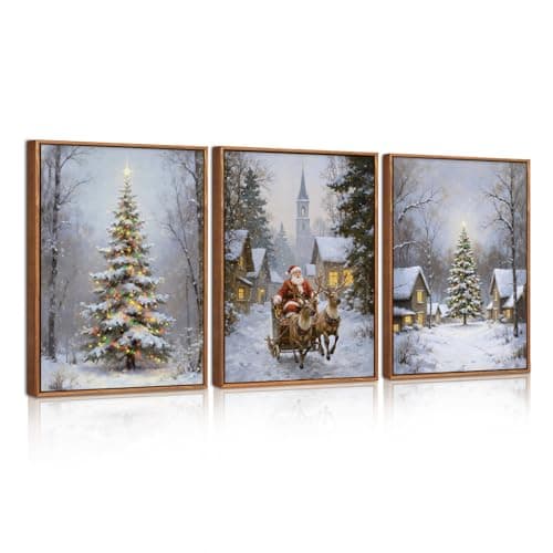 Image of HPNIUB Christmas Santa Reindeer Framed Canvas Wall Art Set Sleigh Deer Winter Snow Forest Tree Wall Decor Wonderland Art Print Christmas Decorations for Living Room,Bedroom,Party 30x40cm