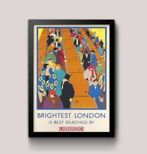 Image of RPW Vintage London Underground THE BRIGHTEST LONDON IS REACHED BY UNDERGROUND 1920's Wall Art Poster A4 and A3 size 250gsm Gloss Borderless print (A4 Framed - Black Frame)