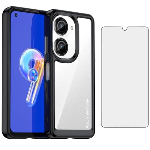 Image of Asuwish Phone Case for Asus ZenFone 9 5G with Tempered Glass Screen Protector Cover and Cell Accessories Slim Silicone Rubber Soft TPU Protective Mobile Zen Fone 10 Women Men Clear Transparent Black