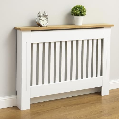 Image of Gr8 Home Wooden Radiator Cover White Modern Painted MDF Storage Shelf Cabinet Unit with Slat Grill 19D x 111W x 83.3H Centimetres