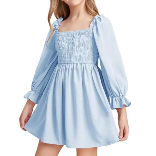 Image of JiAmy Girls Dress Long Sleeve Square Neck Dresses Spring Summer Kids Casual Elegant Wedding Party A-Line Skirt Clothes for Girl 7-8 Years Blue