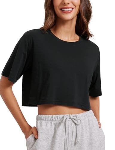 Image of CRZ YOGA Women's Pima Cotton Workout T-Shirt Short Sleeve Running Crop Top Casual Athletic Tee Black 10