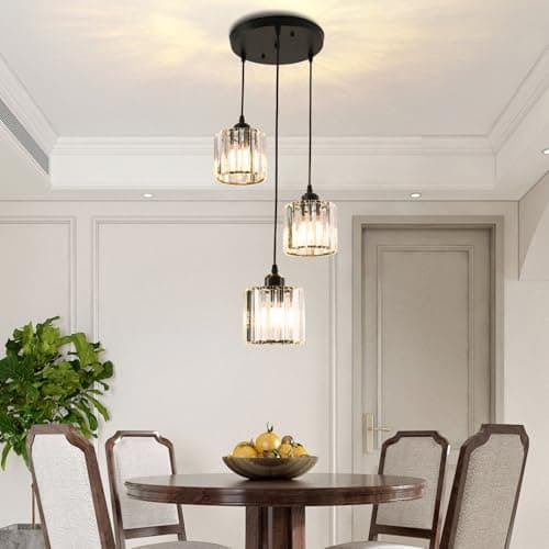 Image of Cainjiazh Crystal Pendant Lights Round Ceiling,Modern Crystal Chandeliers Hanging Light Fixture for Kitchen Island,Adjustable Chandelier for Dining Room,Foyer,Living Room Entryway Black 3 Lights