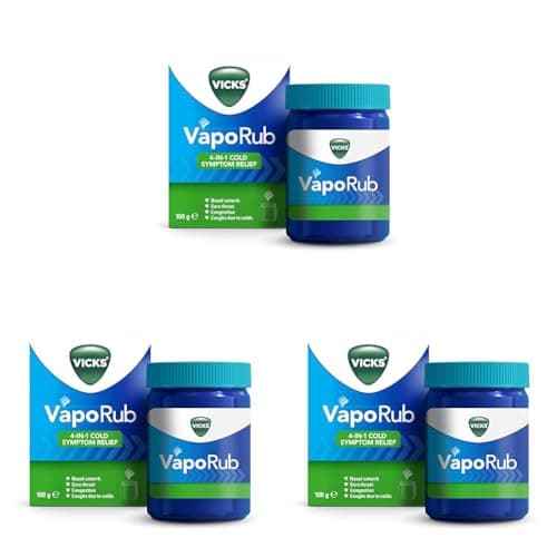 Image of Vicks VapoRub 100 gr, Relief of Cough Cold & Flu Like Symptoms, Relieves 4 Cold Symptoms: Nasal Catarrh, Nasal Congestion, Cough & Sore Throat, Helps You Sleep for Adults & Kids (Pack of 3)