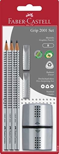 Image of Faber Castell Grip 2001 HB Pencils x3, Eraser Caps x2, & Trio 3-Hole Sharpener