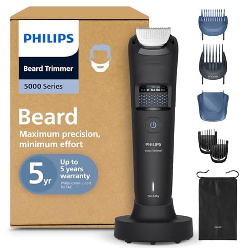 Image of Philips Beard Trimmer 5000 Series - Self-Sharpening Metal Blades, 40 Lock-in Settings, BeardSense Technology, Hair Collector, 100% Waterproof, Fading Comb, Travel Pouch, Model BT5785/30