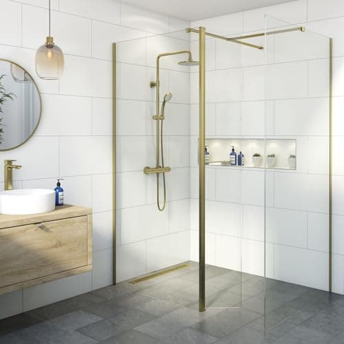 Image of BAYSTONE® 1000 & 700mm Wet Room Shower Screen Panels 8mm Toughened Safety Easy Clean Glass Walk in Shower Enclosure + Hinged Return Panel, Brushed Brass
