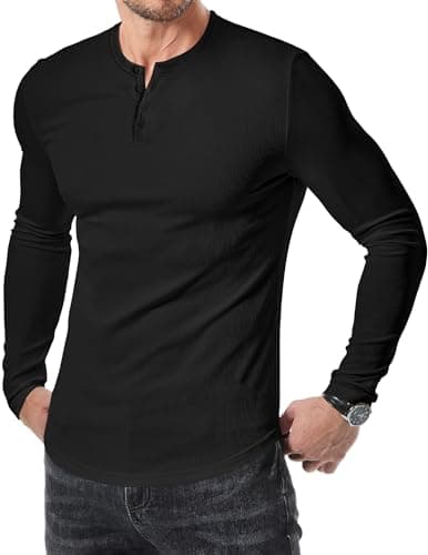 Image of Meilicloth Mens Long Sleeve T Shirt Henley T Shirts Casual Crew Neck Tee Button up Tops Black