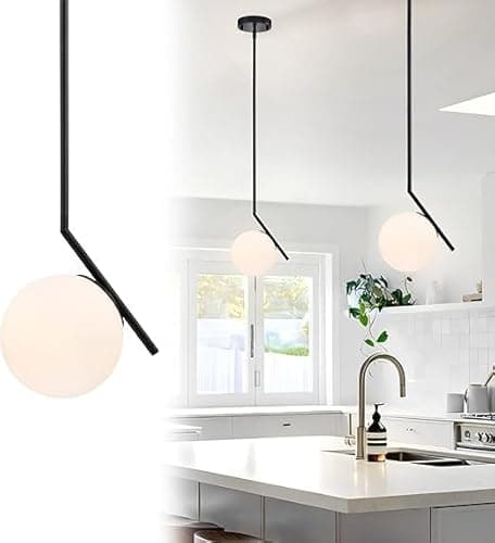 Image of Black Pendant Light with 15cm Frosted Glass Shade, Small Globe Ceiling Lights Modern Glass Pendant Lighting for Dining Room, Kitchen Island, Bedroom Required E14 Bulb