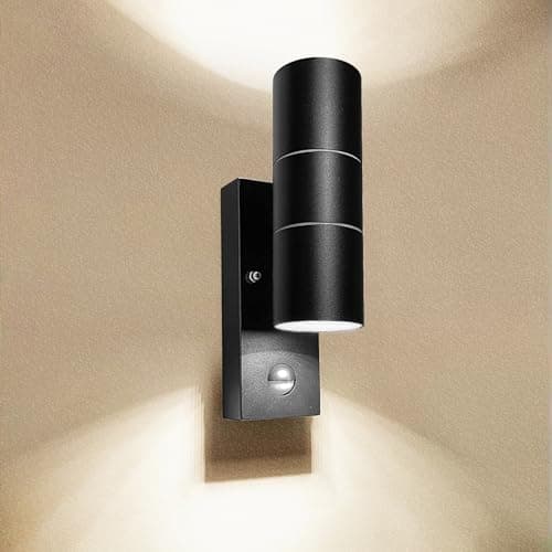 Image of Wondlumi Outdoor Wall Lights PIR Motion Sensor Up and Down Outside Light Mains Powered IP44 Black Wall Lamp Incl. 2X 5W LED GU10 Bulbs Cool White 6000K
