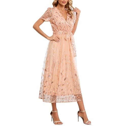 Image of Stylish and Elegant Light Silk V-Neck Mesh Embroidered Dress for Women, Rose Gold, S