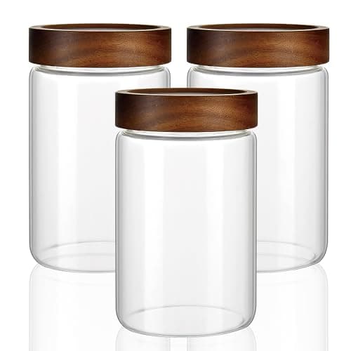 Image of INCETUE Glass Storage Jars with Wooden Lids, 850ml Clear Airtight Food Storage Canisters (Set of 3) with Screw Top, Kitchen Pantry Containers for Coffee Bean, Cookies, Biscuit, Pickling, Pasta