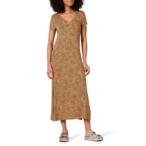 Image of Amazon Essentials Women's V-Neck Short-Sleeve T-Shirt Jersey Midi Dress, Dark Camel Animal Print, M