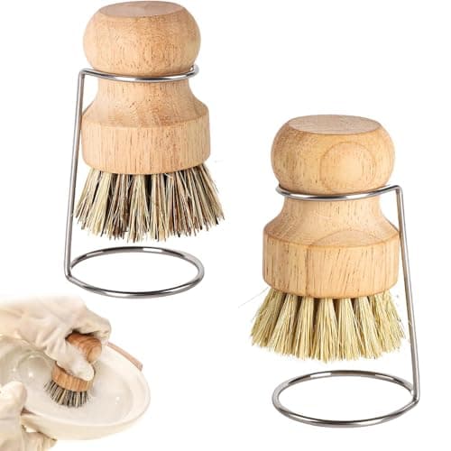 Image of Bamboo Palm Brush, 2 PCS Bamboo Dish Pot Pan Brushes Set, Palm Dish Brush Scrub Brush with 2 Drain Racks for Fish Pots Pans Kitchen Sink Cleaning