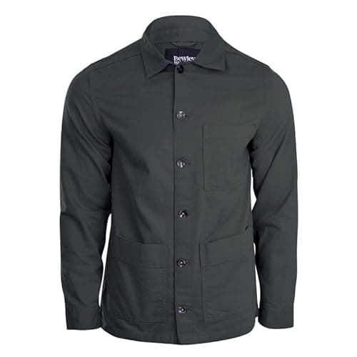 Image of Spindle Men's Bewley and Ritch Cotton Shirt Jacket Casual Shacket Overshirt Work Coat Button Front Bedford Cord Fabric Corduroy Material On Trend Plain Shirts Khaki Green S