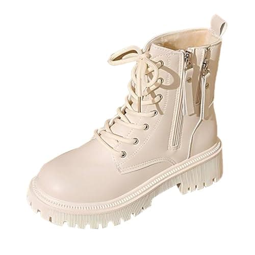 Image of DFSDJEUW platform boots Women's Lace up Combat Boots Fashion Mid Calf Biker Ankle Booties Causal Leather Waterproof Military Winter Zip Boot Comfortable Chunky Heel Snow Booties White 5.5