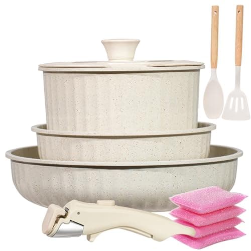 Image of Vivicreate 11 Piece Pots and Pans Set Nonstick with Removable Handle, Induction Cookware, Stackable Kitchen Set for RV Camping Apartment, Frying Pan and Saucepan (White)