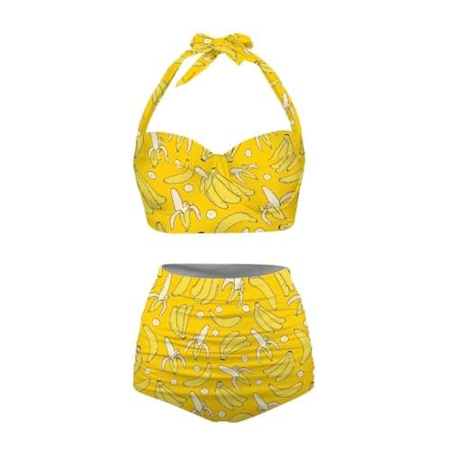 Image of ELEDIZI Plus Size Bathing Suit for Women Tummy Control High Waisted Bikini Sets for Women Size S-2XL, Banana, XL