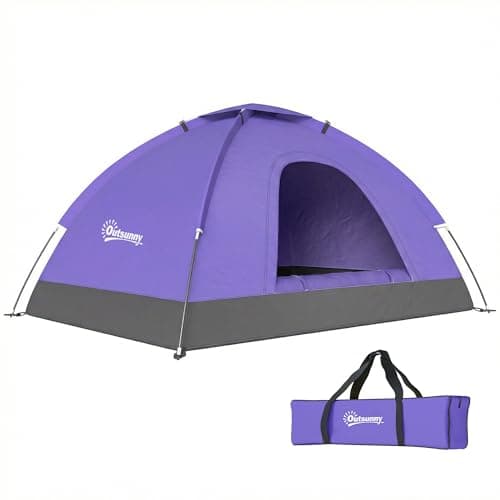 Image of Outsunny 2 Person Camping Tent, Dome Tent with Zipped Doors, Storage Pocket, Portable Handy Bag, Light Purple