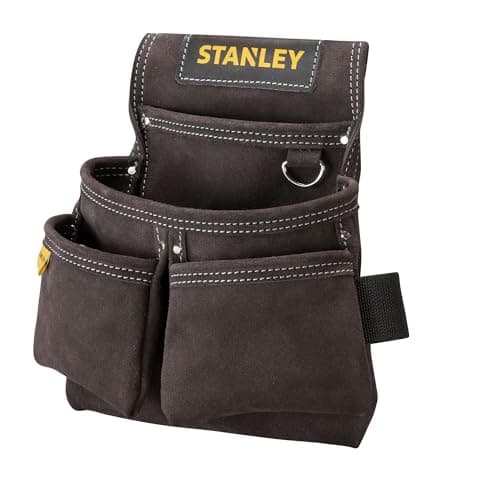 Image of STANLEY Leather Tool Pouch, Double Pocket Storage Organiser, Hammer Loop, STST1-80114 Dark Brown One Size