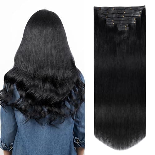 Image of SOBEAUTY Clip in Hair Extensions, 100% Human Hair Real Remy 110g 7Pcs Thin Seamless PU Weft for Natural Volume, Jet Black #1 16 Inch