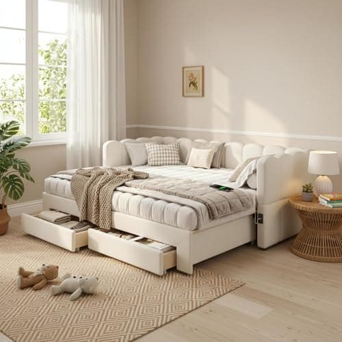 Image of Daybed with Pull out Trundle Bed & Storage Drawers, 3ft Upholstered Single Bed Frame with Charging Station, Multifunctional Linen Sofa Bed Guest Beds for Adults Chidren Teenagers, Beige, No Mattress