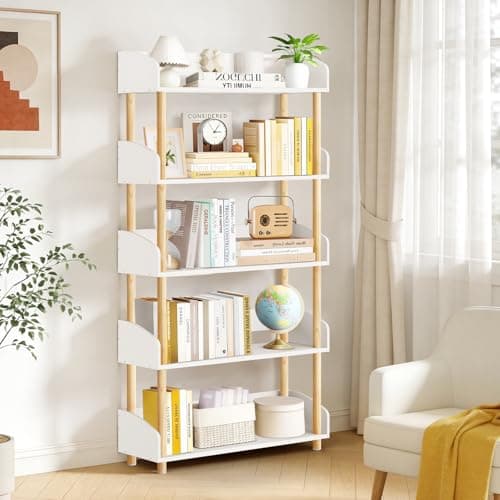 Image of OUTONLIFE 5-Tier Wooden Open Bookcase, Modern Display Bookshelf with Solid Wood Frame and Rounded Corner Design, Storage Organizer for Living Room, Bedroom, Home Office, Balcony (White)