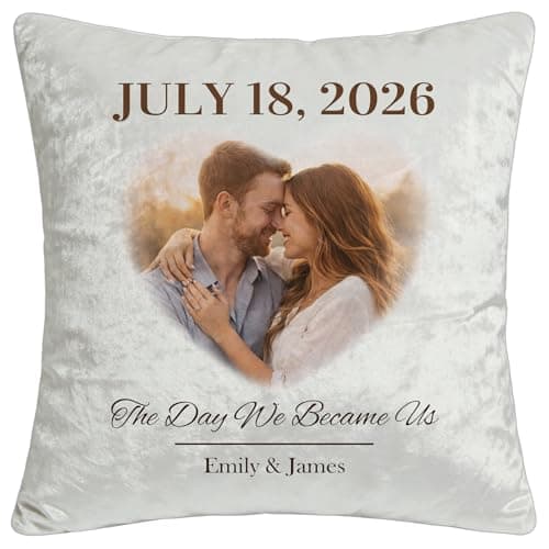 Image of Alienc Custom Velvet Cushion Cover with Photo & Text (Optional Insert) – Personalised Anniversary Cushion Case – The Day We Became Us – Romantic Gift for Wife, Husband, Couple – 4 Sizes