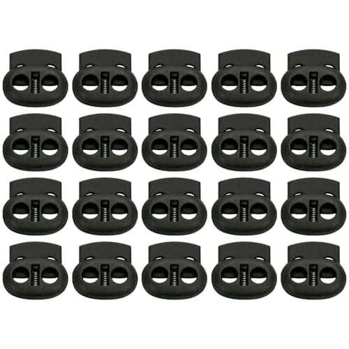 Image of WOLMIK Dual-Holes Spring Cord Locks Set, Toggles for Drawstrings 20Pcs Double 5mm Holes Loaded Plastic Round Cord Ends Stopper Fastener Oval Toggle Locks, Black