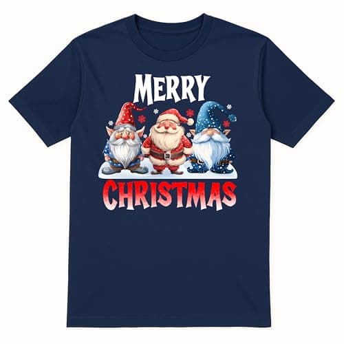 Image of PB TECH Christmas T-Shirts - Three Gnomes Family Merry Christmas T-Shirt, Unisex Adults Merry Xmas T-Shirt - Funny Santa Shirt for Women and Men Unisex (UK, Alpha, XXL, Regular, Regular, Navy Blue)