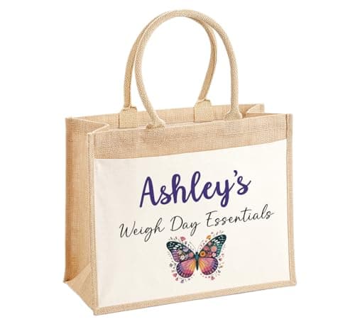 Image of Personalised Weigh Day Essentials Jute Bag, Butterfly, Custom Eco Friendly Tote Bag with Front Pocket, Slimming & Wellness Group Planner Organiser for Membership Pack Accessories, Ladies, 3 Sizes D2