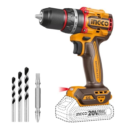 Image of INGCO 20V Cordless Hammer Drill (Body Only), Compact Impact Drill 66NM, Brushless Motor, Variable Speed Control, 22+1+1 Torque Setting with LED Work Light CIDLI206681