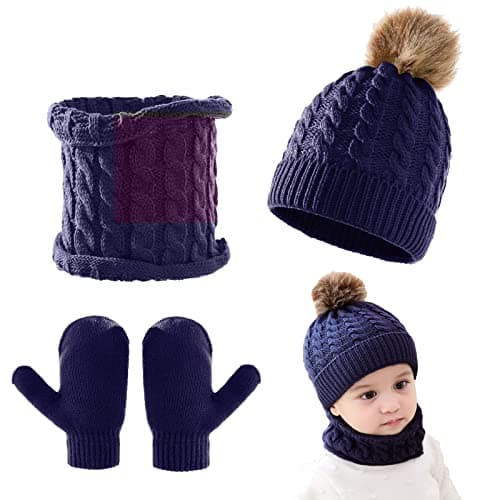 Image of Kunyeah 3Pcs Baby Beanie Hat Scarf Gloves Set Infant Knitted Cap Winter Warm Gloves Toddler Neck Warmer for Boys Girls 0-3 Years (Navy)