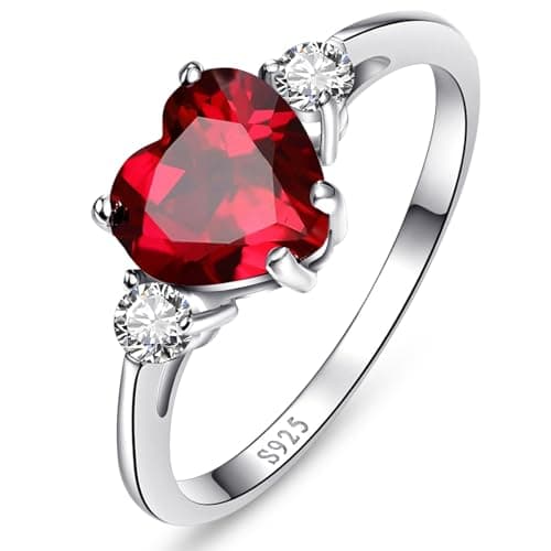 Image of Bonlavie Created Ruby Ring Heart Cut 925 Sterling Silver Rings for Women Red Gemstone Engagement Rings Birthstone Jewelry Gift Size N