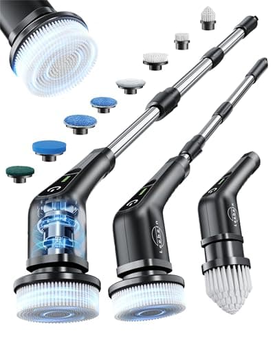 Image of Leebein Electric Spin Scrubber, Cordless Cleaning Brush with 8 Replaceable Brush Heads, Extendable Long Handle Bathroom Cleaning Scrubber, 300/400RPM Spin Scrubber for Bathroom Floor Tile (Black)