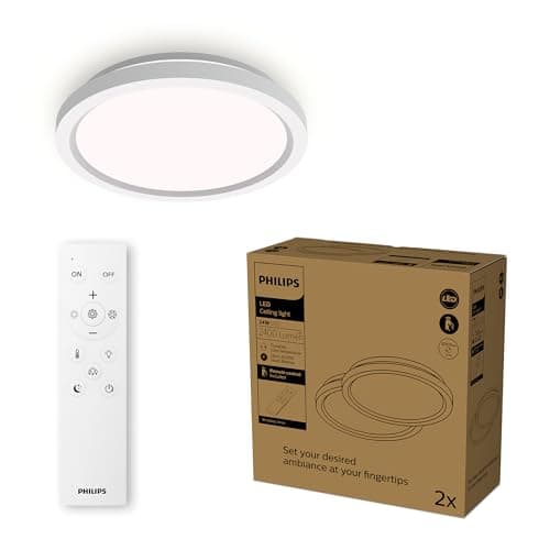 Image of Philips LED Remote Control Ceiling Light, Round, 30 cm, Dimmable, Tunable White Light, Living Room, Bedroom, No Flicker or Glare, Modern Design, White, 2 Pack