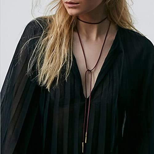 Image of Aneneiceera Boho Brown Suede Lariat Necklace Lasso Velvet Wrap Gothic Necklace Gold Bar Sweater Chain Jewelry for Women and Girls