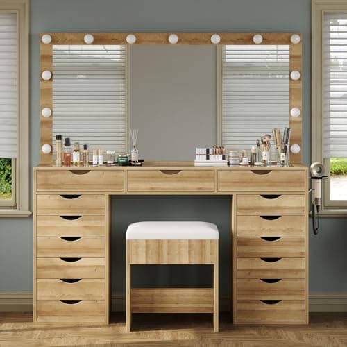 Image of FUSOU 15 Drawers Dressing Table with Mirror and 13 LED Lights, Makeup Vanity with Power Outlet, 3 Color Modes, Adjustable Brightness, Glass Top Vanity for Dressing Room Bedroom, Oak