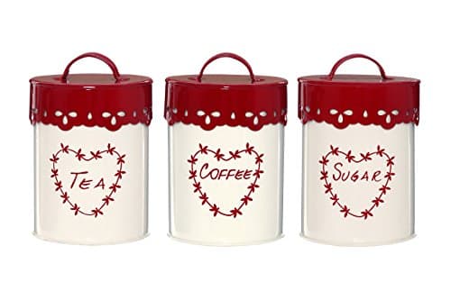 Image of Premier Housewares 507620 Anglaise Tea/Coffee and Sugar Canisters - Set of 3, Cream/Red H14 x W11 x D11cm