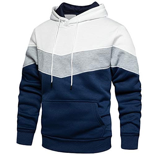 Image of LBL Men's Hoodies Contrast Color Casual Pullover Outwear Comfort Hooded Sweatshirts with Kangaroo Pocket White M